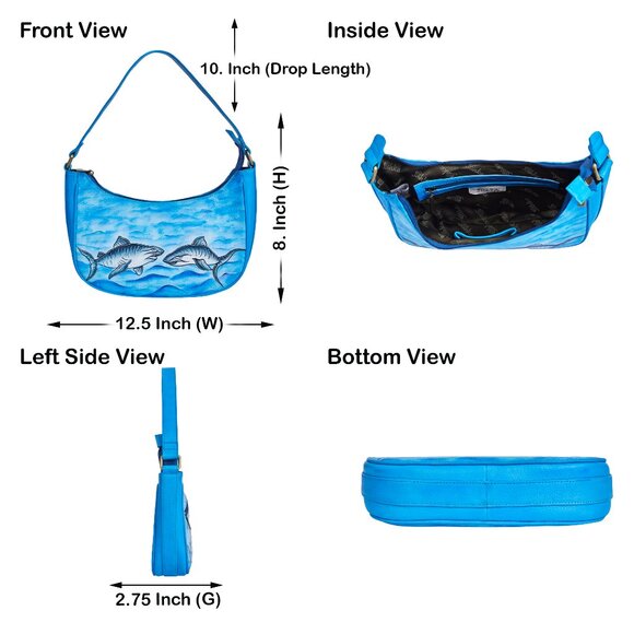 Hand-Painted Ladies Hobo Shoulder Bag –Ocean Blue Leather Tote Sling Bag Handbag - Picture 2 of 9